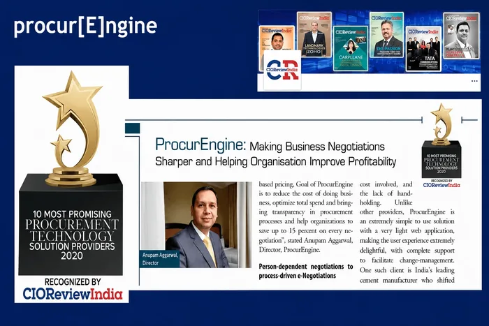 CIO Review India award recognising procurEngine among the 10 Most Promising Procurement Technology Solution Providers 2020, shown with the magazine feature article