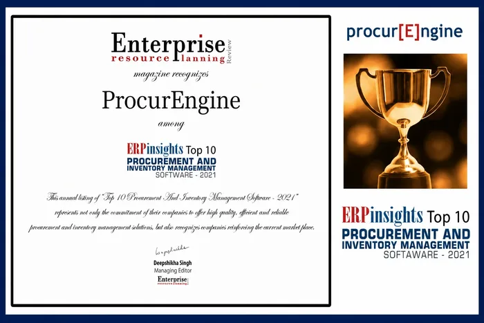 The ERP Insights certificate recognising procurEngine among the Top 10 Procurement and Inventory Management Software 2021