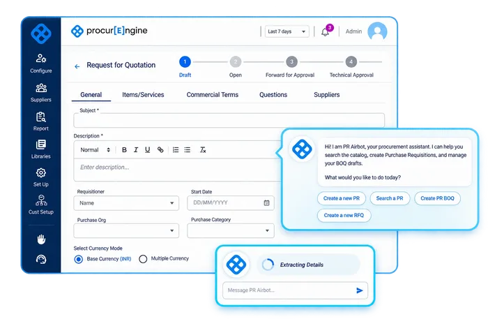 procurEngine AI Assistant: an RFQ draft screen with the PR Airbot chat panel offering to create a purchase requisition, search a PR, or create a PR BOQ