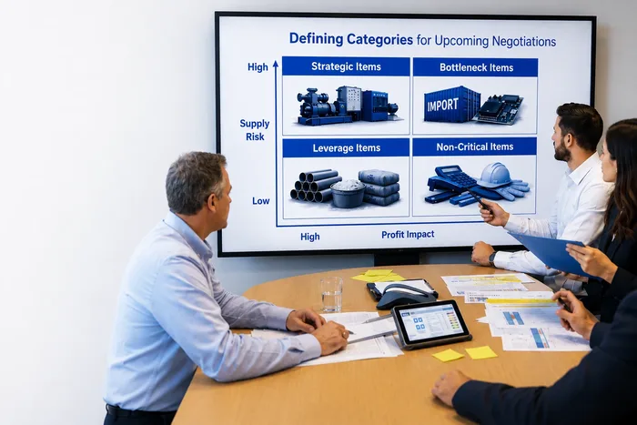 How to Apply the Kraljic Matrix - 20 Real Procurement Categories in an EPC Company, shown as a team reviewing a supply-risk versus profit-impact matrix on a boardroom screen